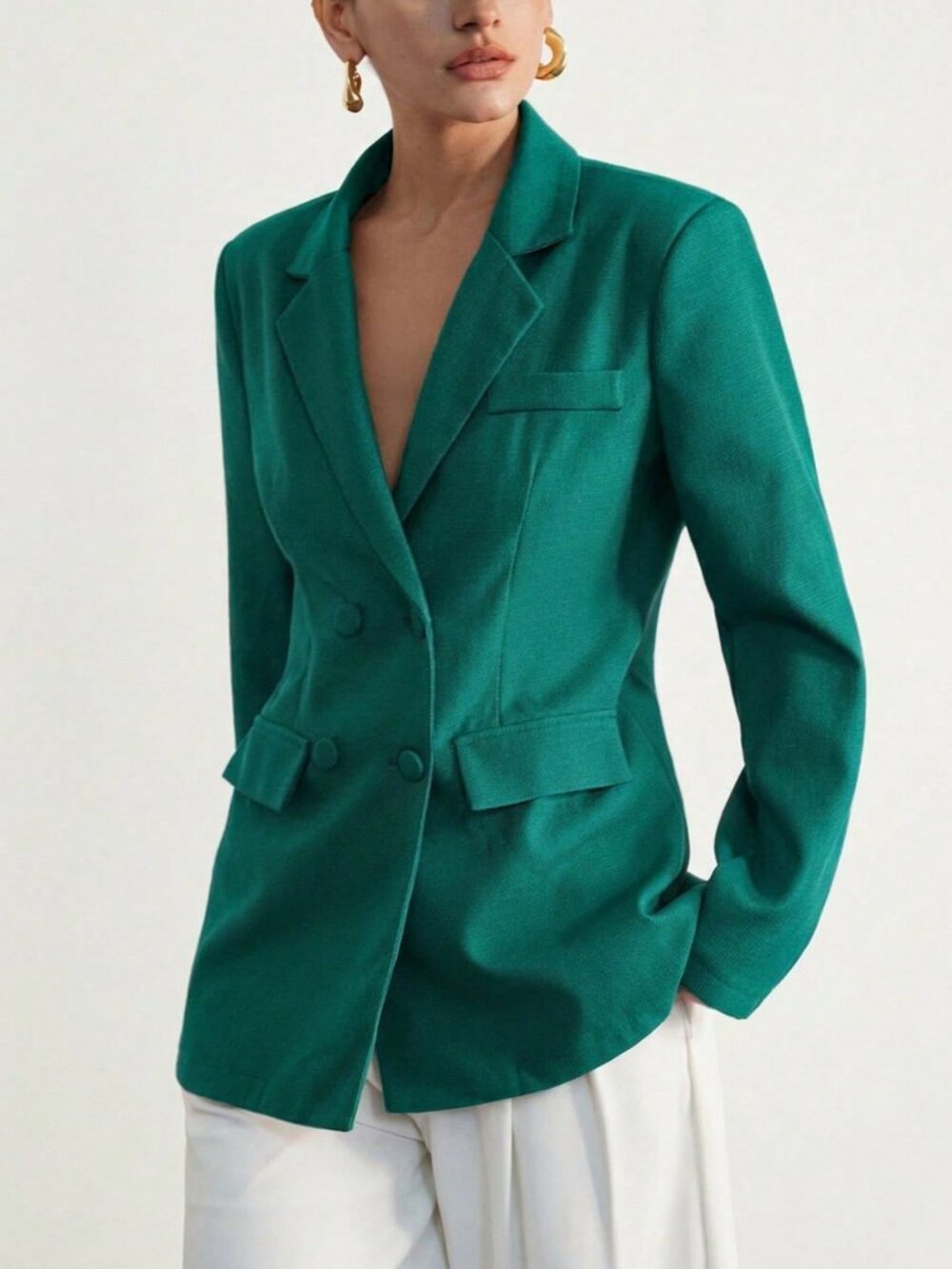 Green Elegant Women's French Double-Breasted Sexy Backless Blazer